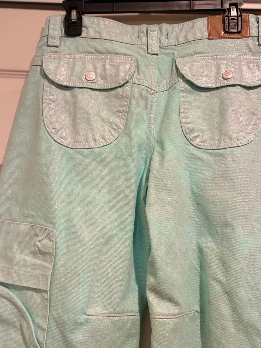 Like New We the Free "Lap of Luxury" Barrel Cargo Jeans in Metallica Aquamarine - Picture 12 of 14